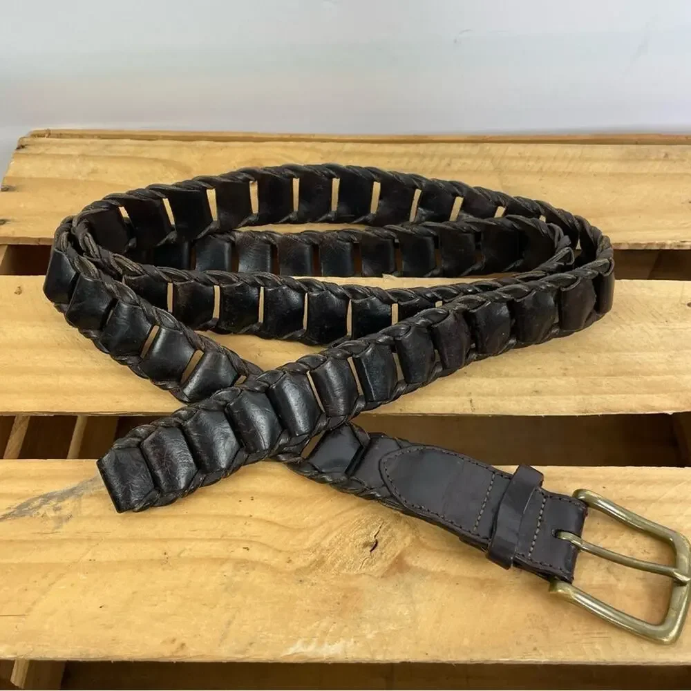 Orvis dark brown leather chain link belt men's size 46 solid brass buckle